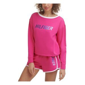 NWT TOMMY HILFIGER Womens Pink Stretch Logo Long Sleeve Crew Neck Sweatshirt S